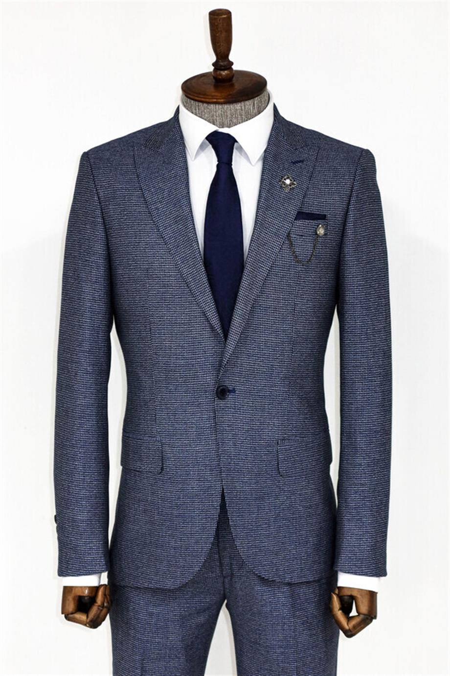 Slim Fit Kazayağı Desenli Mavi Erkek Takım Elbise