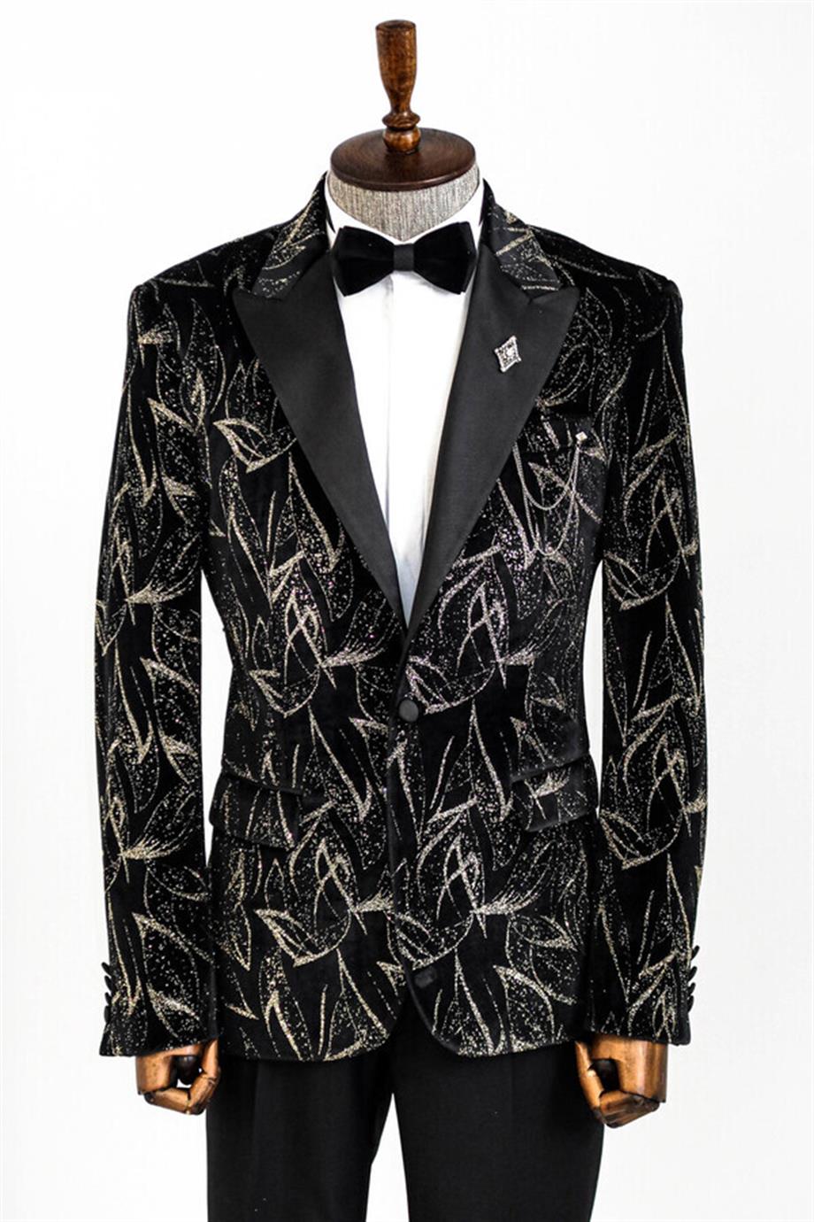 Slim Fit Simli Siyah Erkek Smokin Ceket