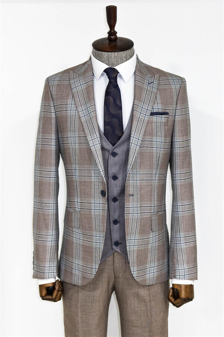 Slim Fit Yelekli Açık Kahverengi Erkek Takım Elbise