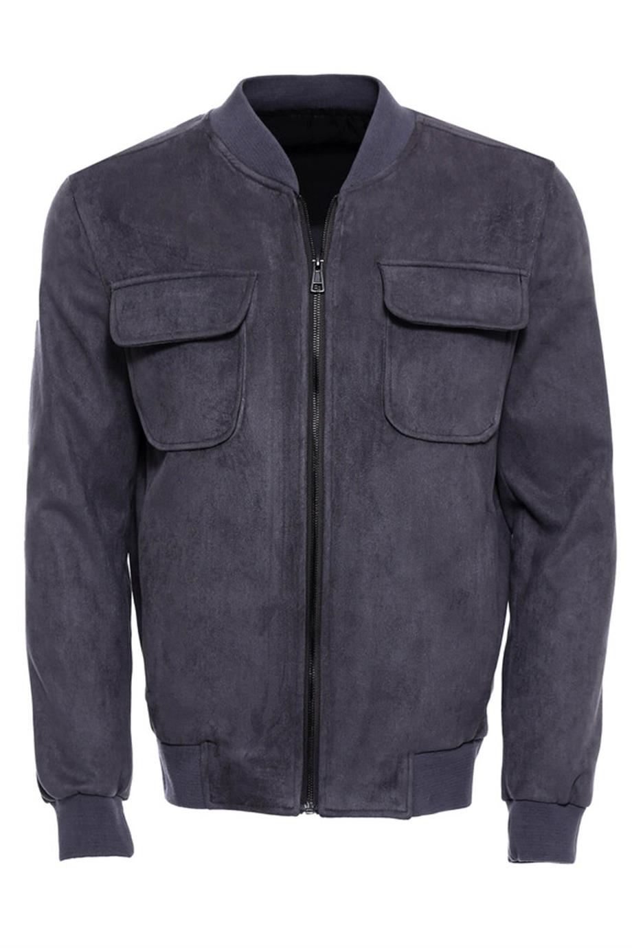Süet Fermuarlı Gri Bomber Mont