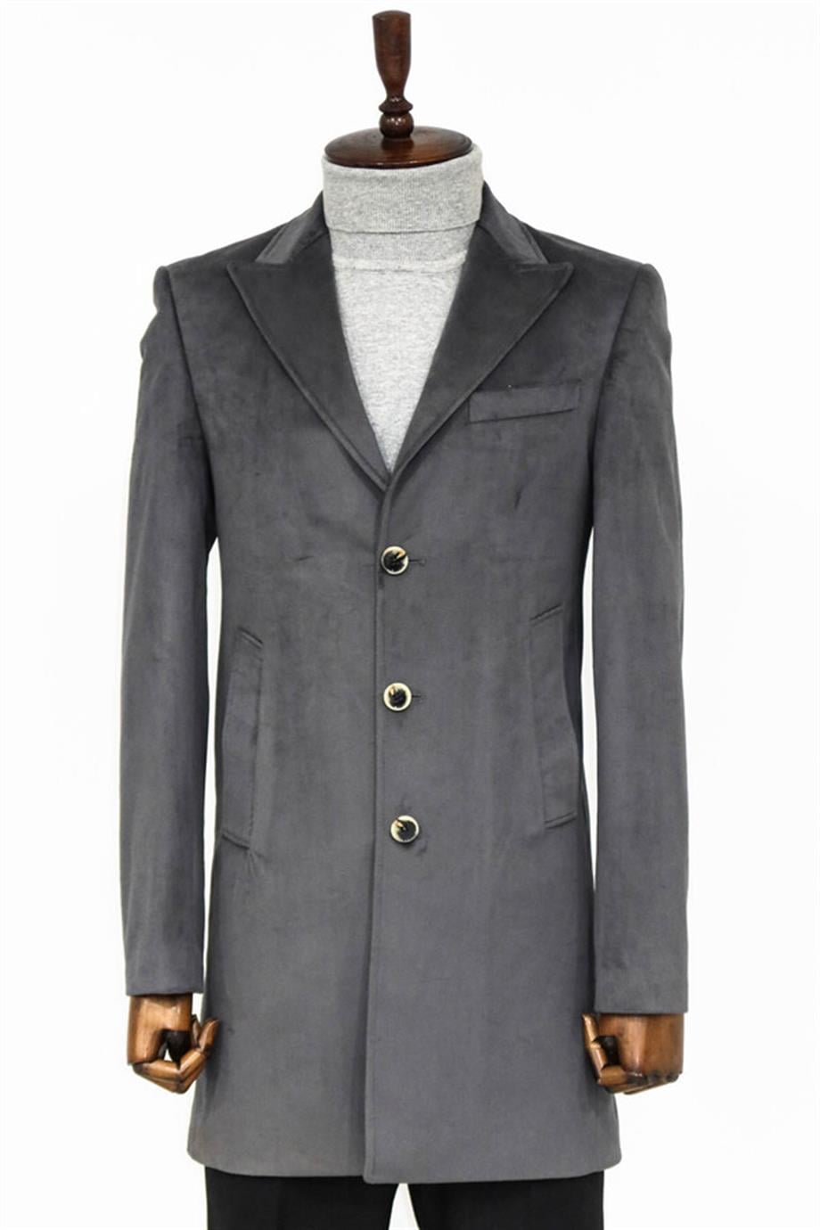 Süet Slim Fit Uzun Gri Erkek Kaban