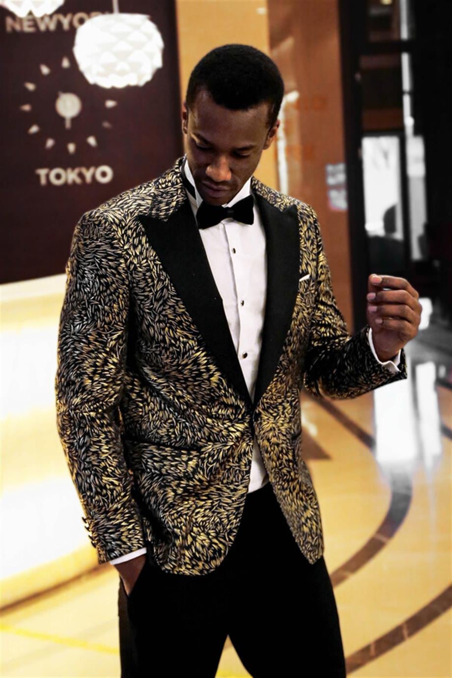 Tüy Desenli Slim Fit Siyah Erkek Smokin Ceket