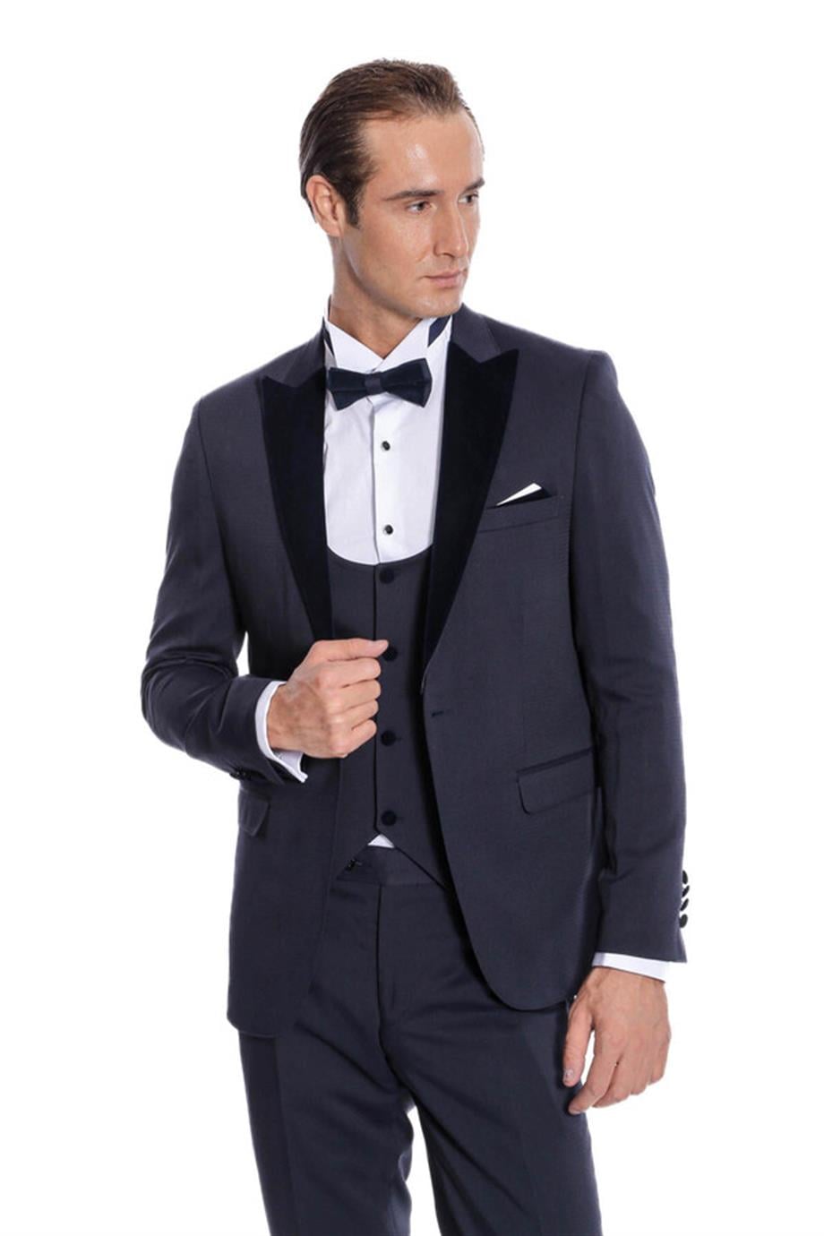 Velvet Yakalı Slim Fit Lacivert Erkek Damatlık
