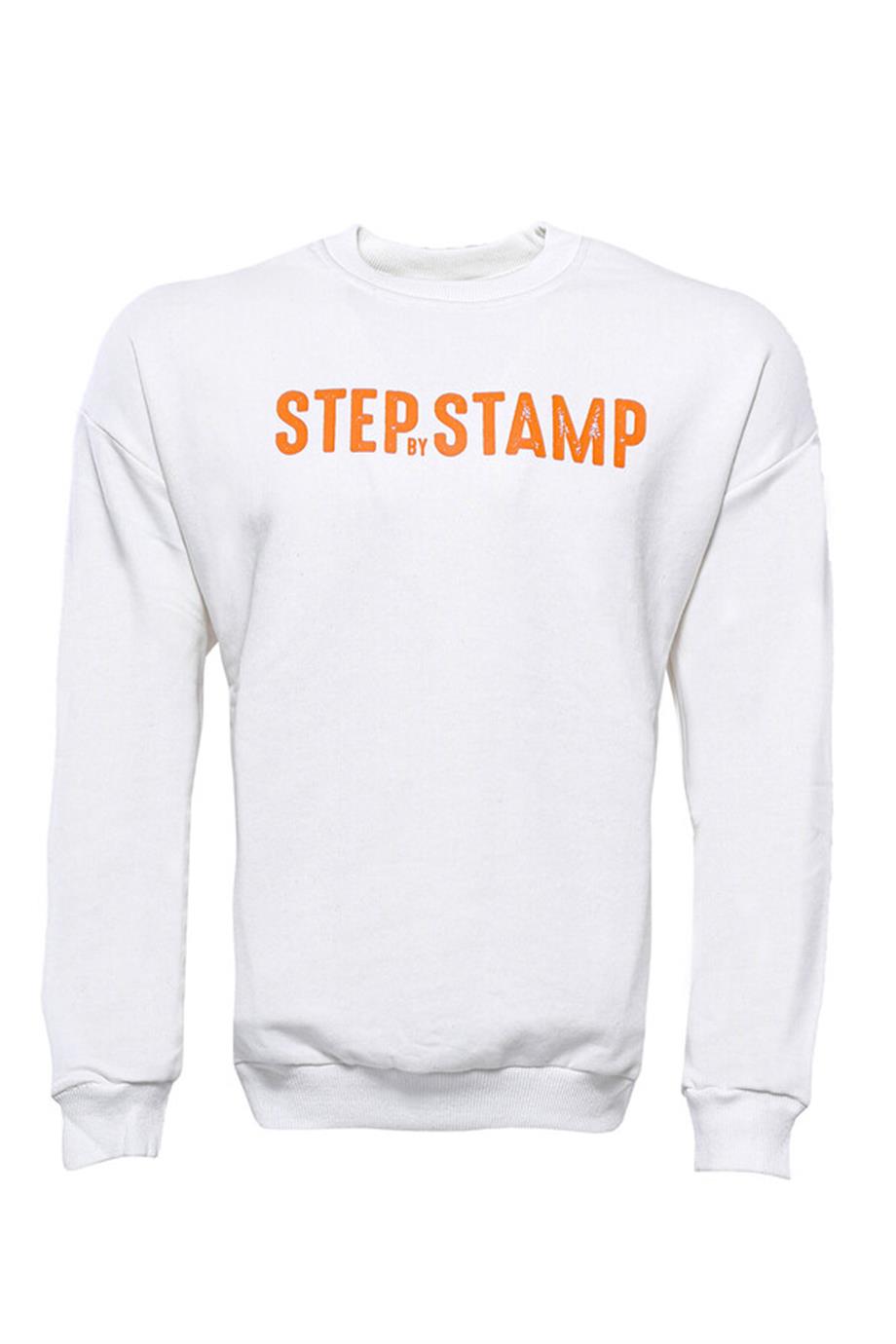 Yazı Baskılı Bisiklet Yaka Beyaz Sweatshirt