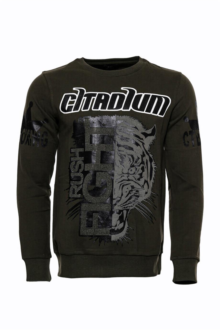 Yeşil Baskılı Taşlı Bisiklet Yaka Sweatshirt