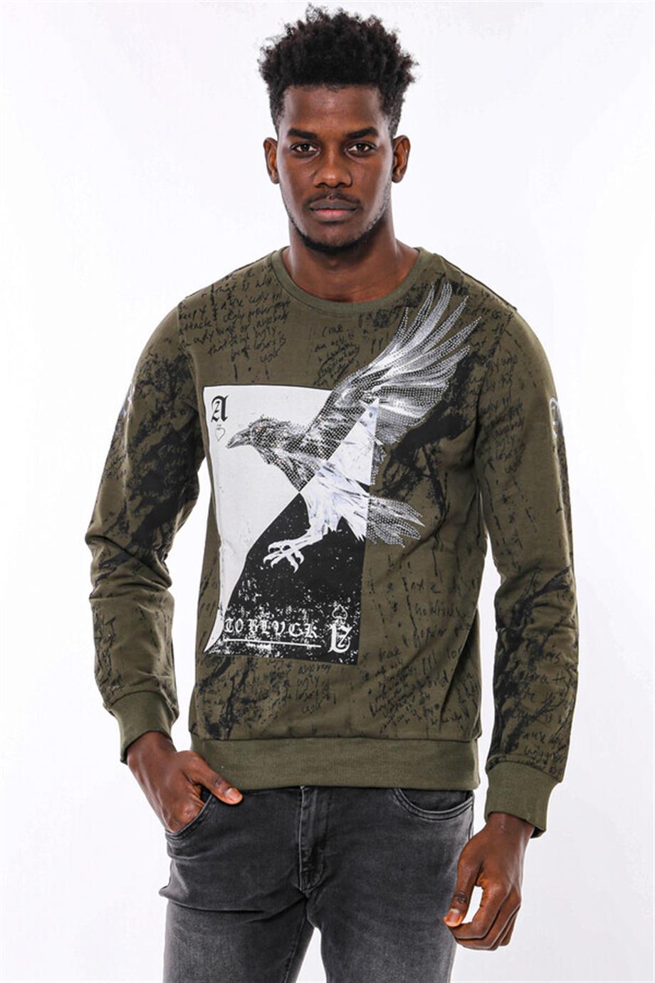 Yeşil Baskılı Taşlı Bisiklet Yaka Sweatshirt