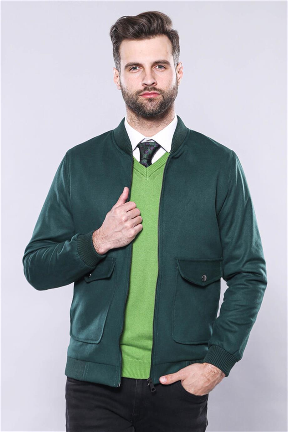 Yeşil Desensiz Erkek Bomber Mont | Wessi