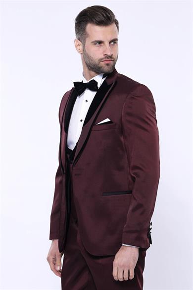 Desenli Velvet Yaka Bordo Takım Elbise | Wessi