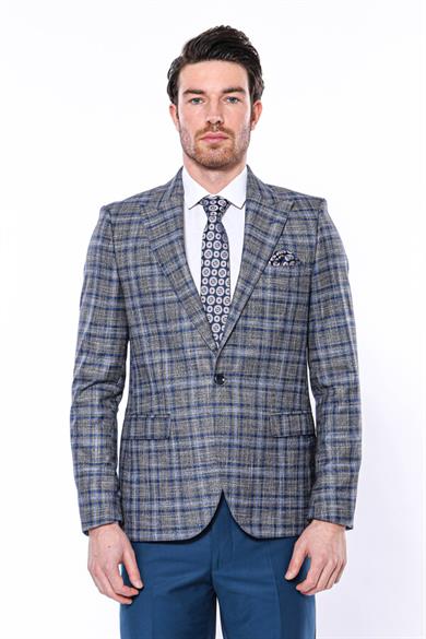 Ekose Slim Fit Tek Düğme Lacivert Erkek Ceket