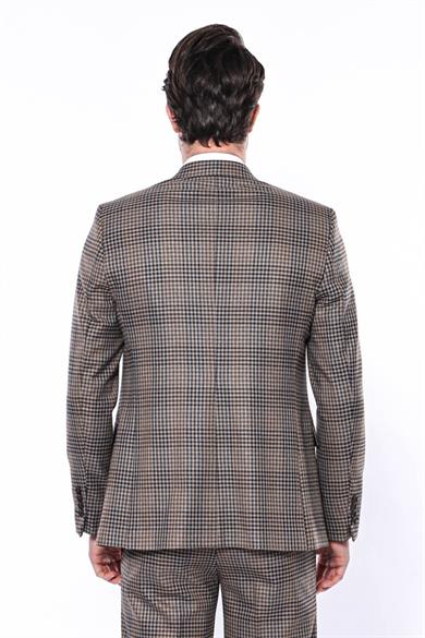 Kare Desenli Slim Fit Kahverengi Erkek Ceket