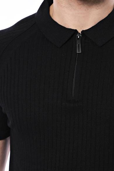 Polo Yaka Fermuarlı Siyah Örme T-shirt | Wessi