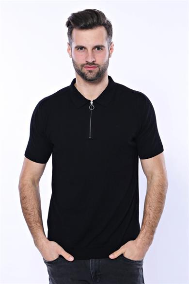 Polo Yaka Siyah Düz Örme T-shirt | Wessi