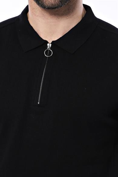 Polo Yaka Siyah Düz Örme T-shirt | Wessi