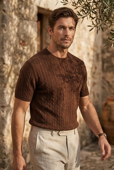 Walsh Saç Örgü Desenli Bisiklet Yaka İnce Triko Erkek T-Shirt - Kahve