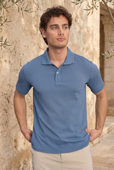 Evenor Kabartma Desenli Polo Yaka Düğmeli Relaxed FitYumuşak İnce Erkek T-Shirt - Mavi