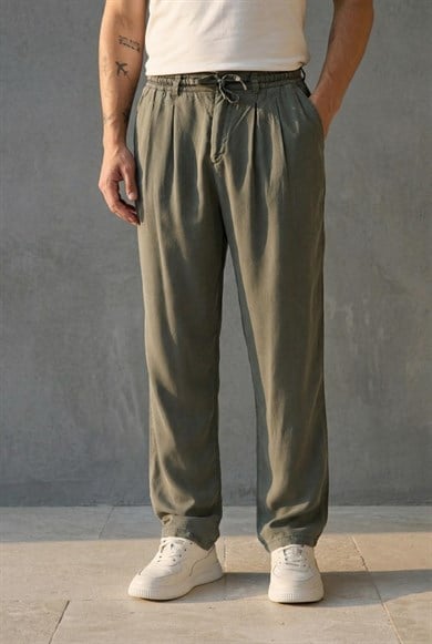 Magnus Tensel Kumaş Relaxed Fit Beli Lastikli Yazlık Erkek Pantolon - Çam Yeşili