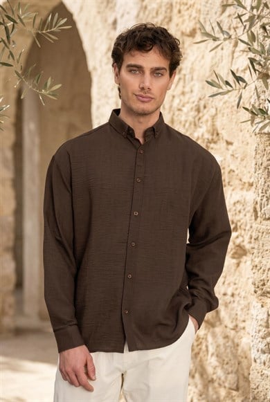 Pera Kumaş Keten Görünümlü Yarım Oversize Uzun kollu Erkek Gömlek - Kahve