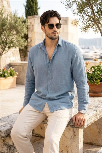 Nefes Alabilir Yarım Oversize Müslin Kumaş Uzun Kol Yakalı Erkek Gömlek - Soğuk Mavi