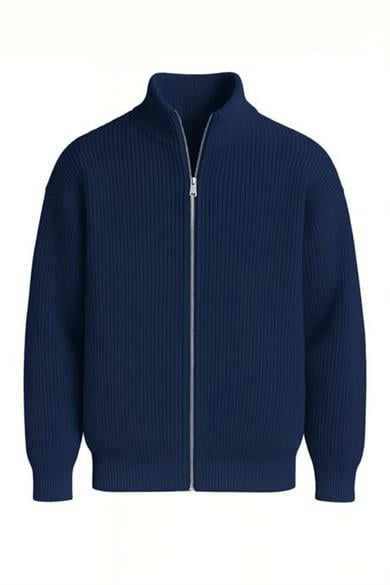 Woody Oversize Selanik Örme Fermuarlı Erkek Hırka- İndigo