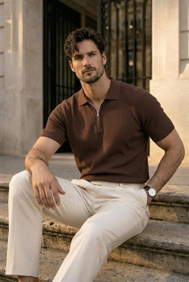 Jeff Selanik Örgü Polo Yaka Yarım Fermuarlı İnce Triko Erkek T-Shirt - Kahve