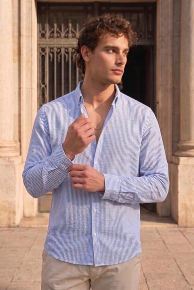 Dik Şerit Çizgili Flamlı Pamuk Gömlek - Mavi