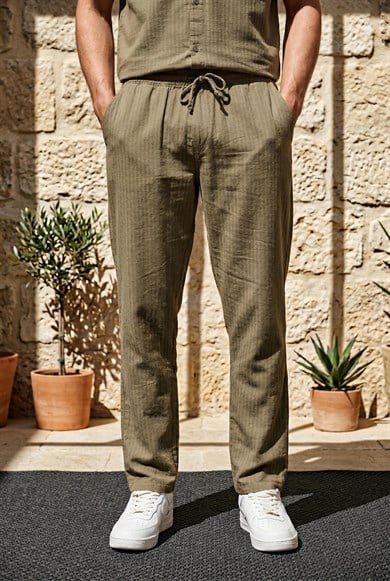 Calvert Tensel Pamuk Kumaş Çizgili Relaxed Fit Erkek Pantolon - Avcı Yeşili