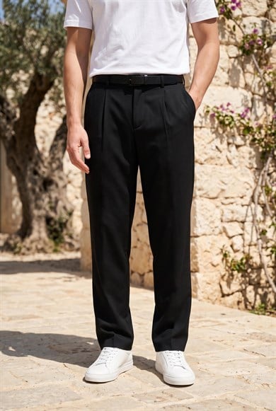 Baruchel Pileli Baggy Kalıp Kumaş Erkek Pantolon - Siyah