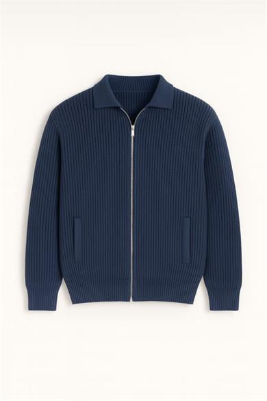 Coppola Selanik Örgü Polo Yaka Cepli Fermuarlı Rahat Kalıp Erkek Triko Hırka - İndigo