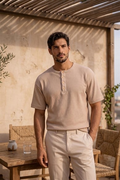 Roth Relaxed Fit Günlük Henley Yaka Waffle Kumaş Yazlık Kısa Kollu T-Shirt - Bej