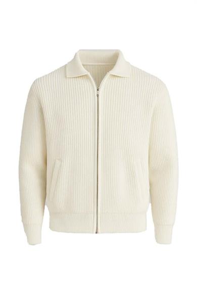 Coppola Selanik Örgü Polo Yaka Cepli Fermuarlı Rahat Kalıp Erkek Triko Hırka - Ekru