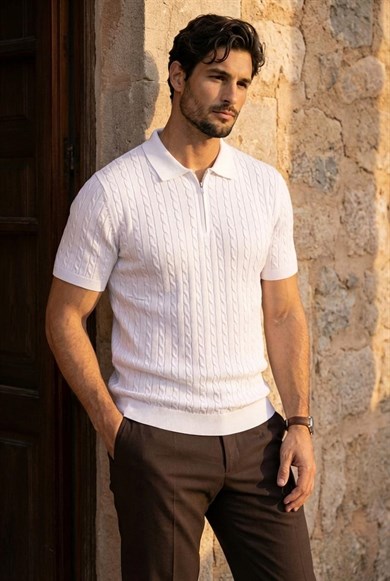 Burke Saç Örgü Yarım Fermuarlı Kısa Kollu İnce Triko Erkek T-Shirt - Ekru