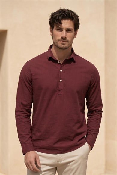 Yarım Pat Yakalı York Pamuk Kumaşlı Uzun Kollu Erkek Gömlek - Bordo