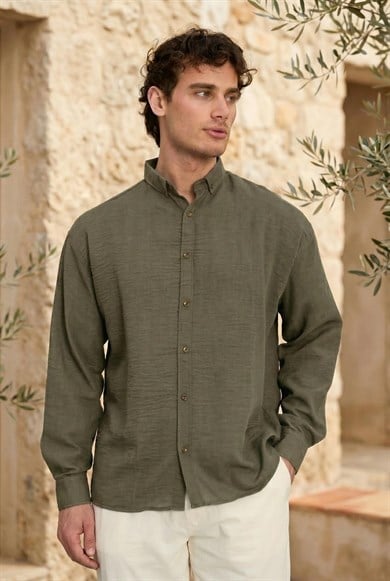 Pera Kumaş Keten Görünümlü Yarım Oversize Uzun kollu Erkek Gömlek - Çam Yeşili