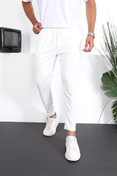 Premium Çizgi Şeritli  Keten Pantolon - Beyaz