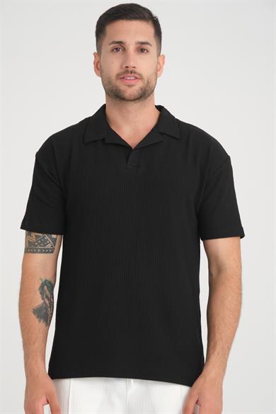 Premium V Yaka Fitilli T-Shirt - Siyah