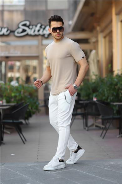 Zincir Detaylı Lastil Bel Örme Desenli Pantolon - Beyaz