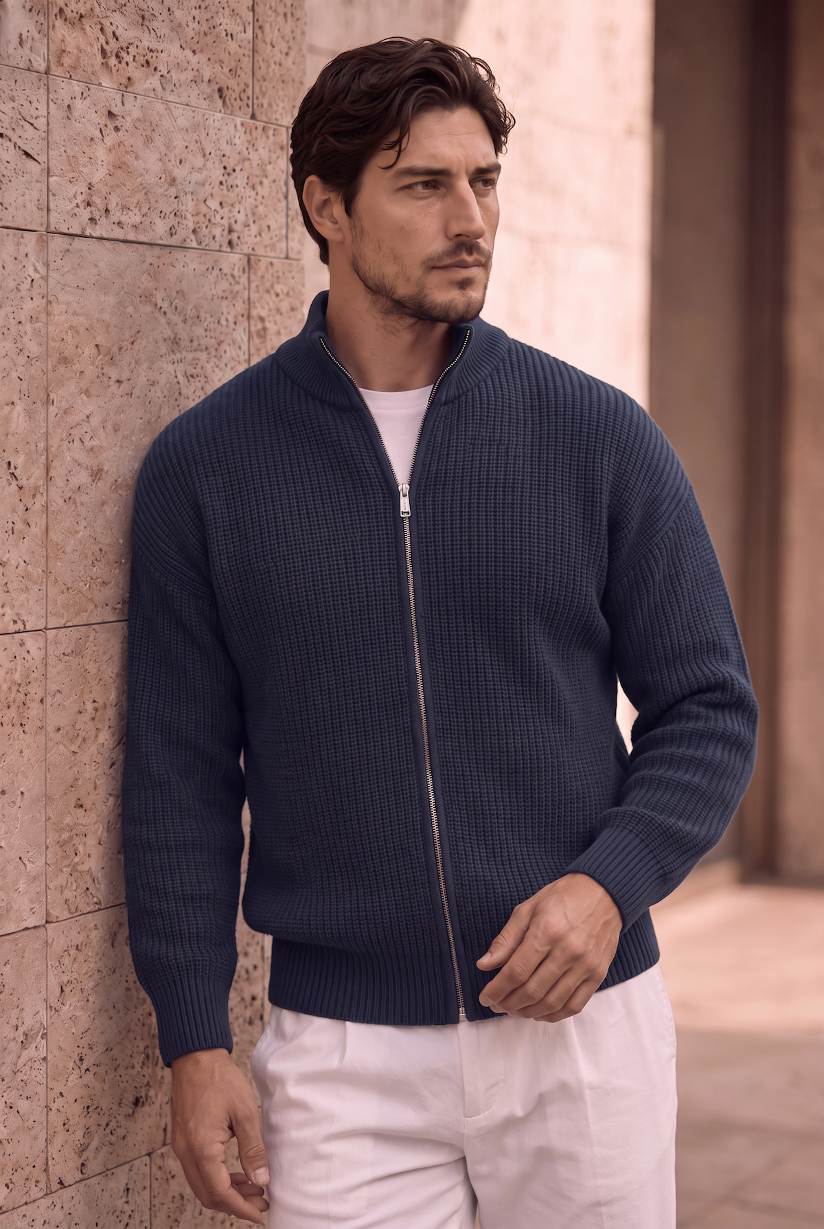 Woody Oversize Selanik Örme Fermuarlı Erkek Hırka- İndigo · 5