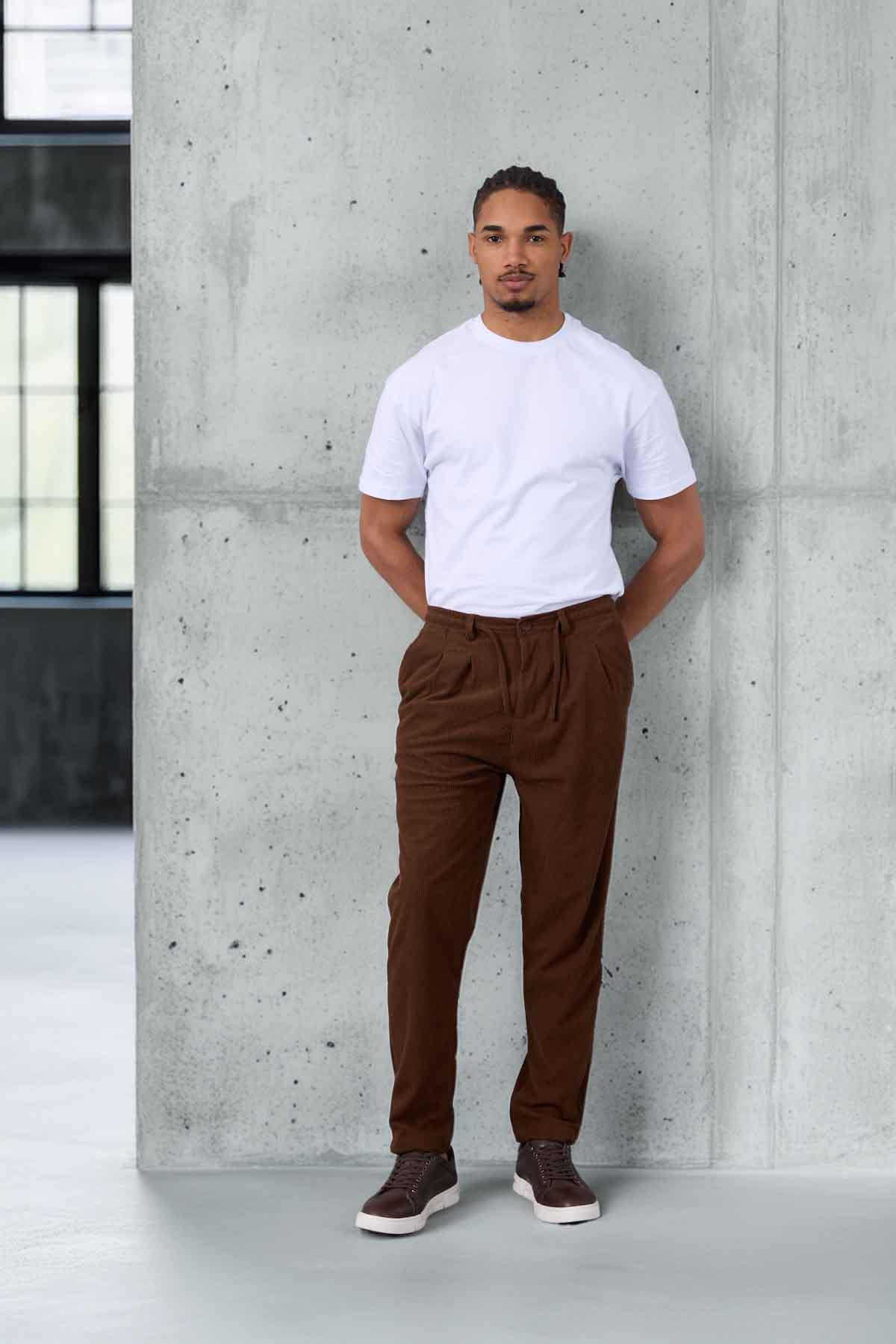 Roy Regular Fit Beli Lastikli Fitilli Kadife Kumaş Fermuarlı Jogger Erkek Pantolon - Kahve · 3