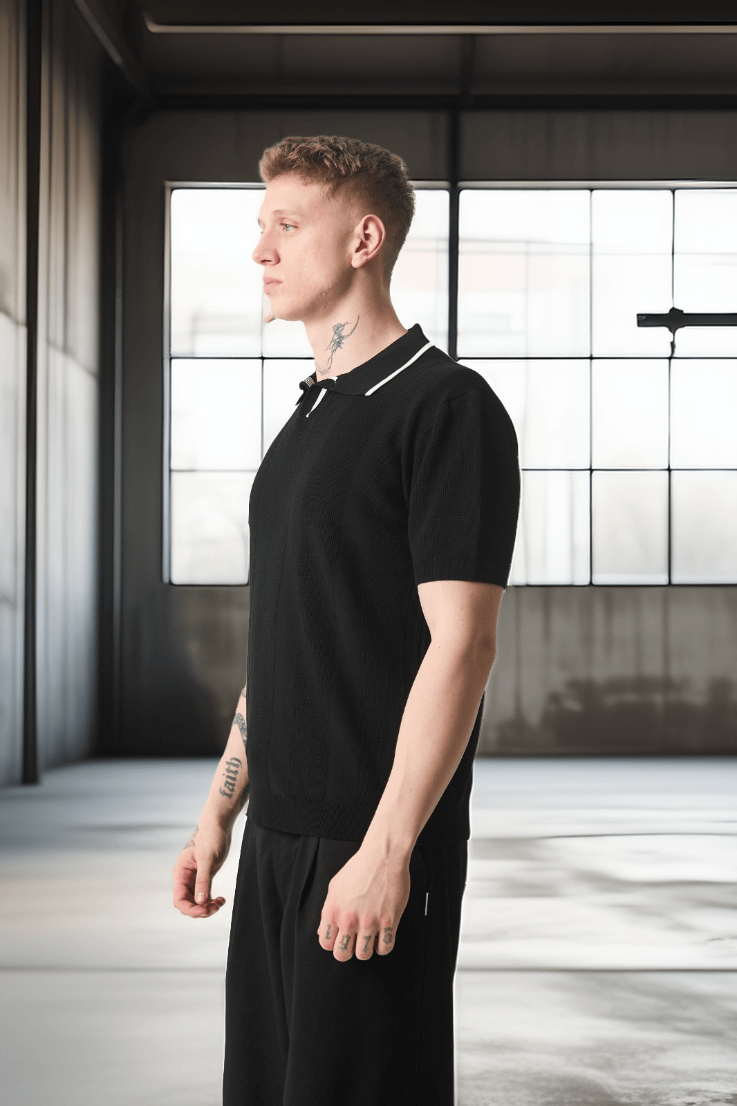 Yakası Şeritli Viskon Polo Yaka Triko Erkek T-Shirt - Siyah · 5