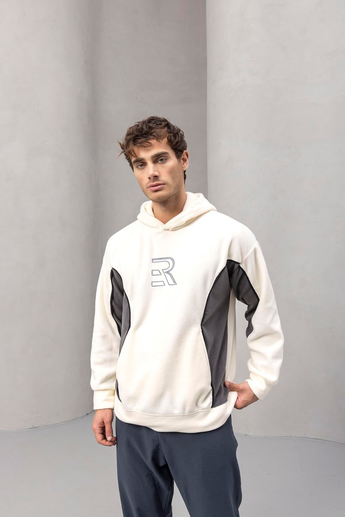 Frank Parçalı Kontrast Desenli Kapüşonlu Oversize Cepli Polar Erkek Sweatshirt - Ekru · 2