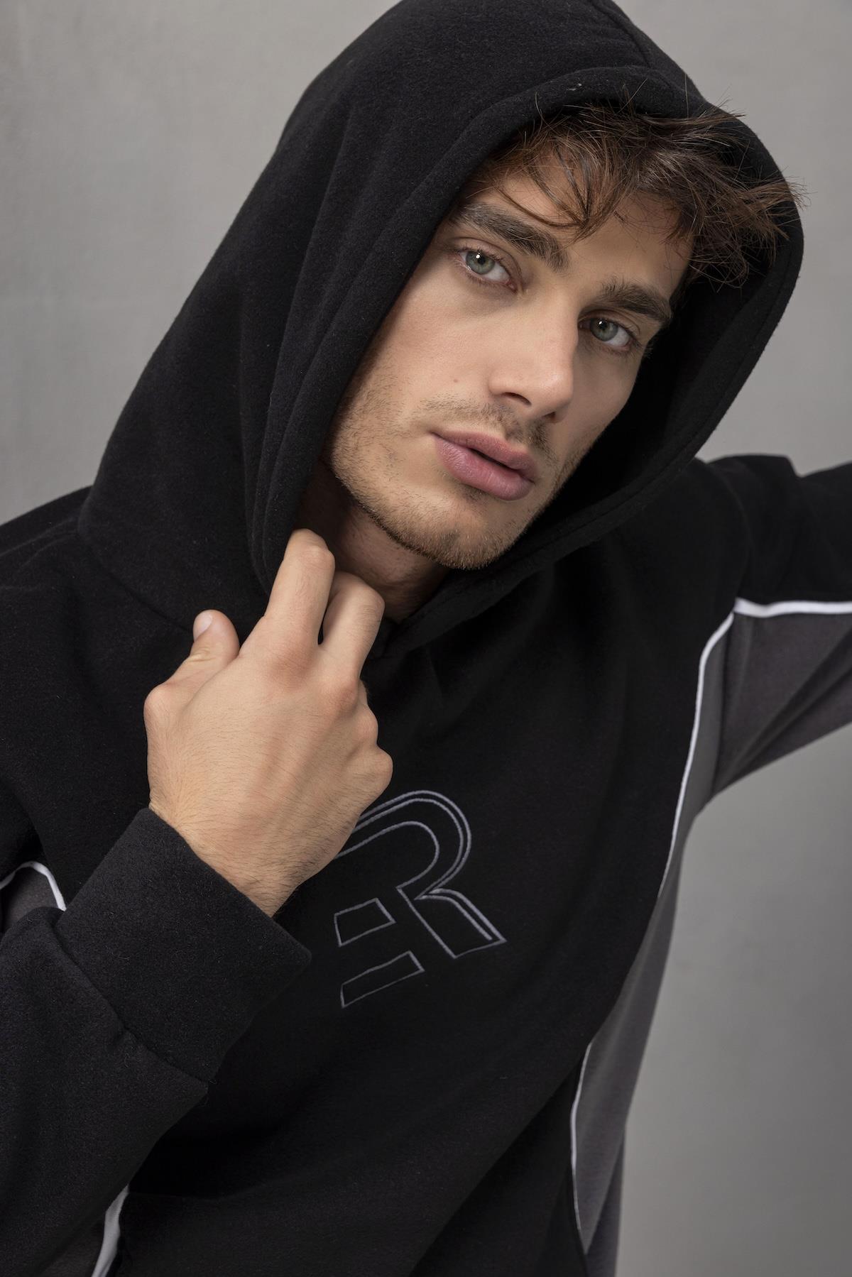 Frank Parçalı Kontrast Desenli Kapüşonlu Oversize Cepli Polar Erkek Sweatshirt - Siyah · 5