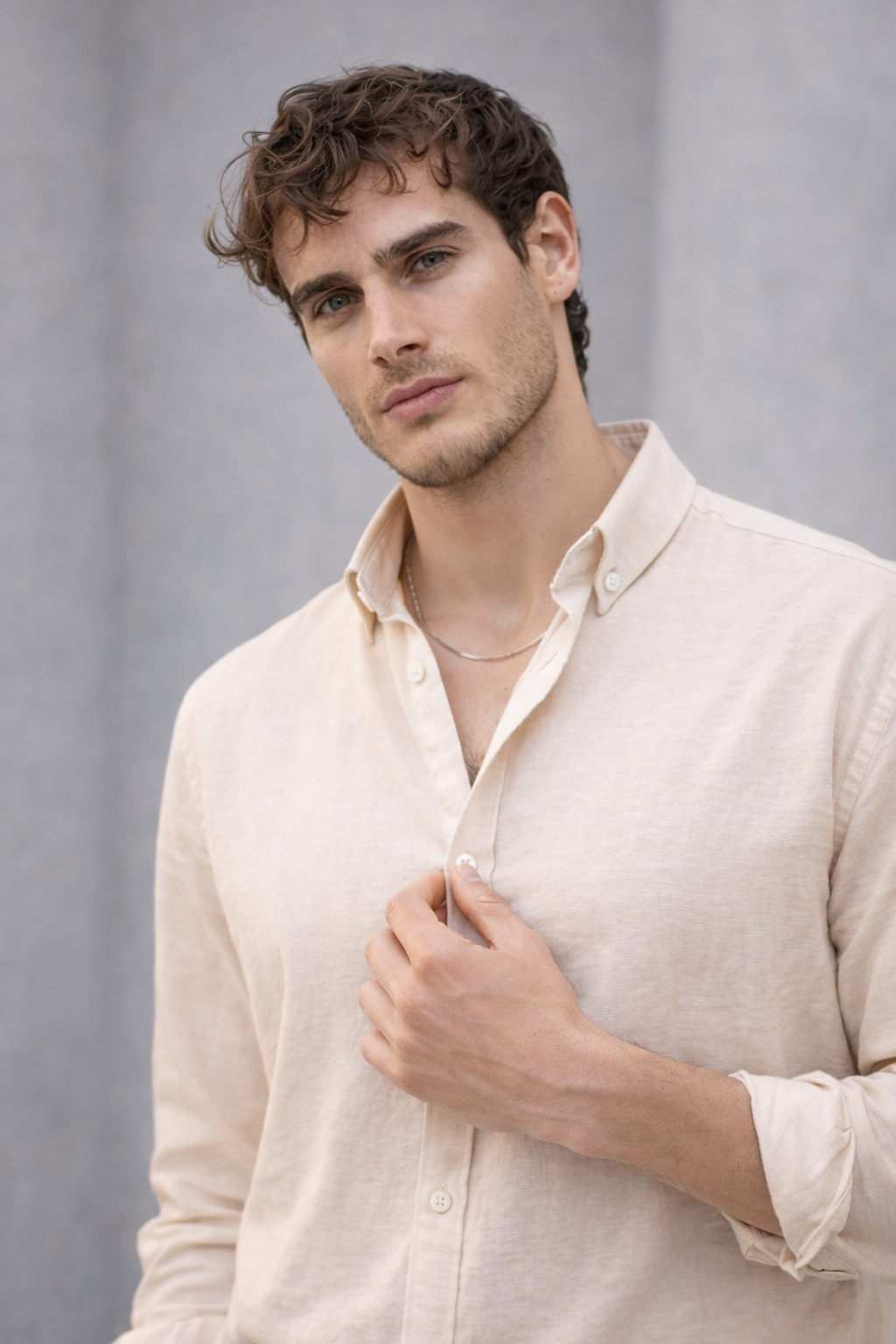 Scott – Soft Dokulu Yarım Oversize Modern Keten Görünümlü Erkek Gömlek - Bej