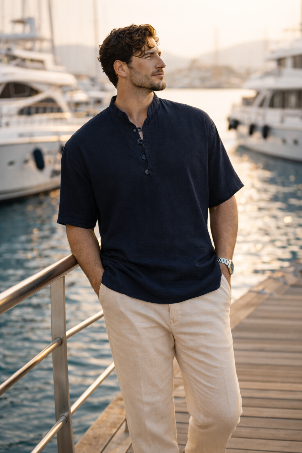 Wes Oversize Yarım Pat Bambu Kısa kol Gömlek - Lacivert · 2