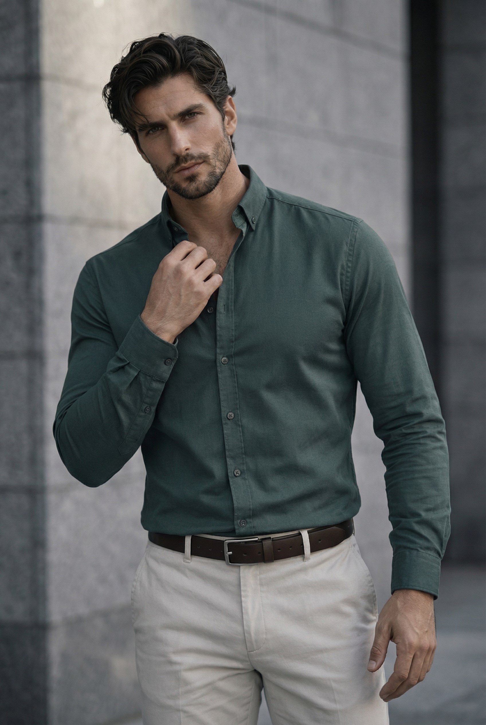 Likralı Regular Fit Nefes Alabilir Klasik Erkek Oxford Gömlek - Çam Yeşili · 5