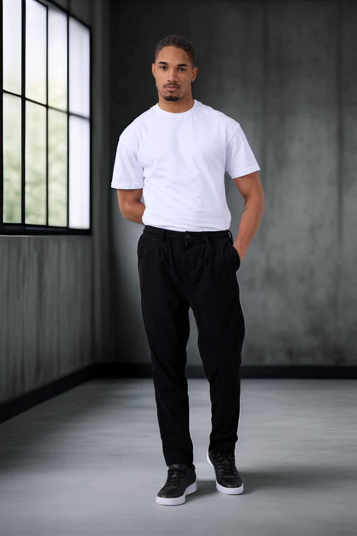 Roy Regular Fit Beli Lastikli Fitilli Kadife Kumaş Fermuarlı Jogger Erkek Pantolon - Siyah · 4