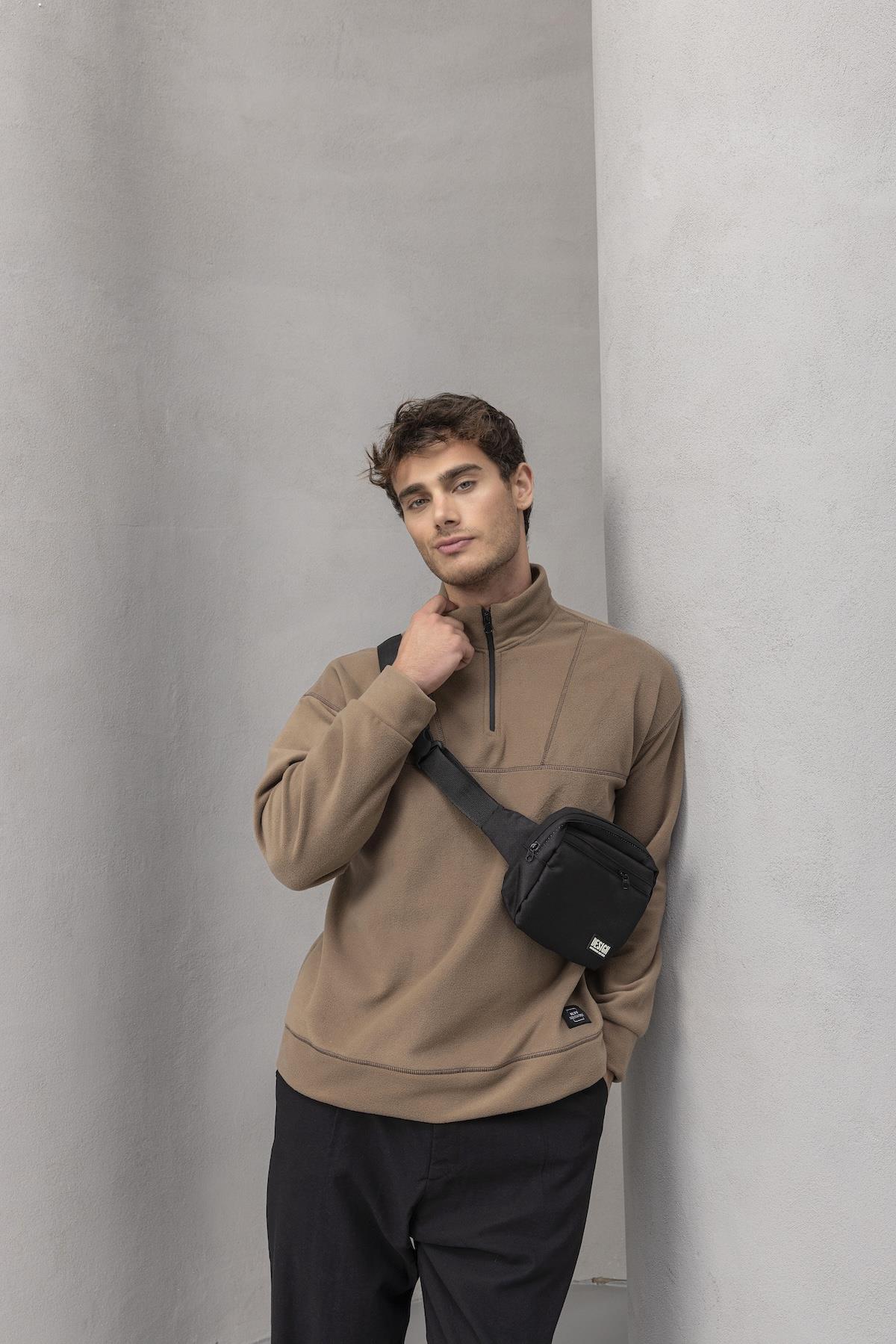 Crowe Çizgi Şeritli Oversize Yarım Fermuar Polar Erkek Sweatshirt - Bej · 5