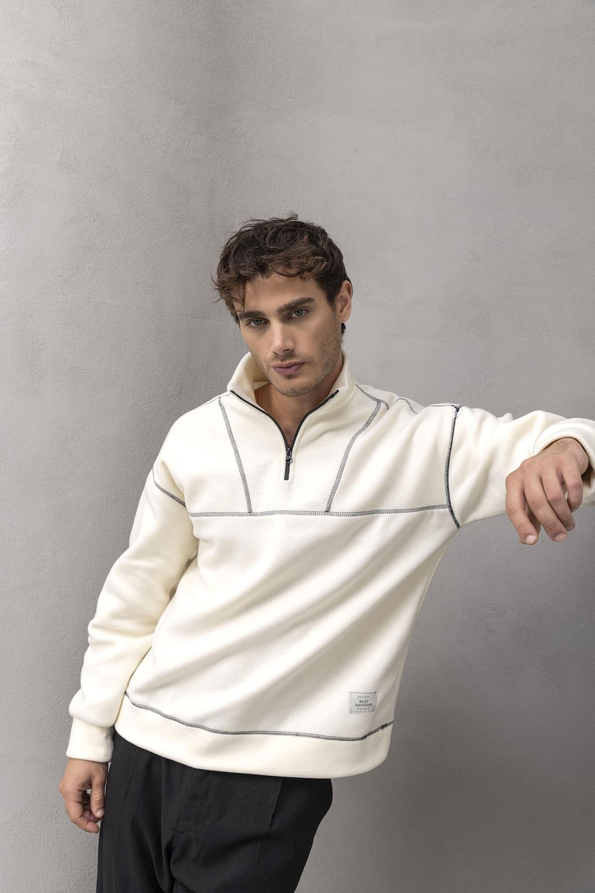 Crowe Çizgi Şeritli Oversize Yarım Fermuar Polar Erkek Sweatshirt - Ekru · 5
