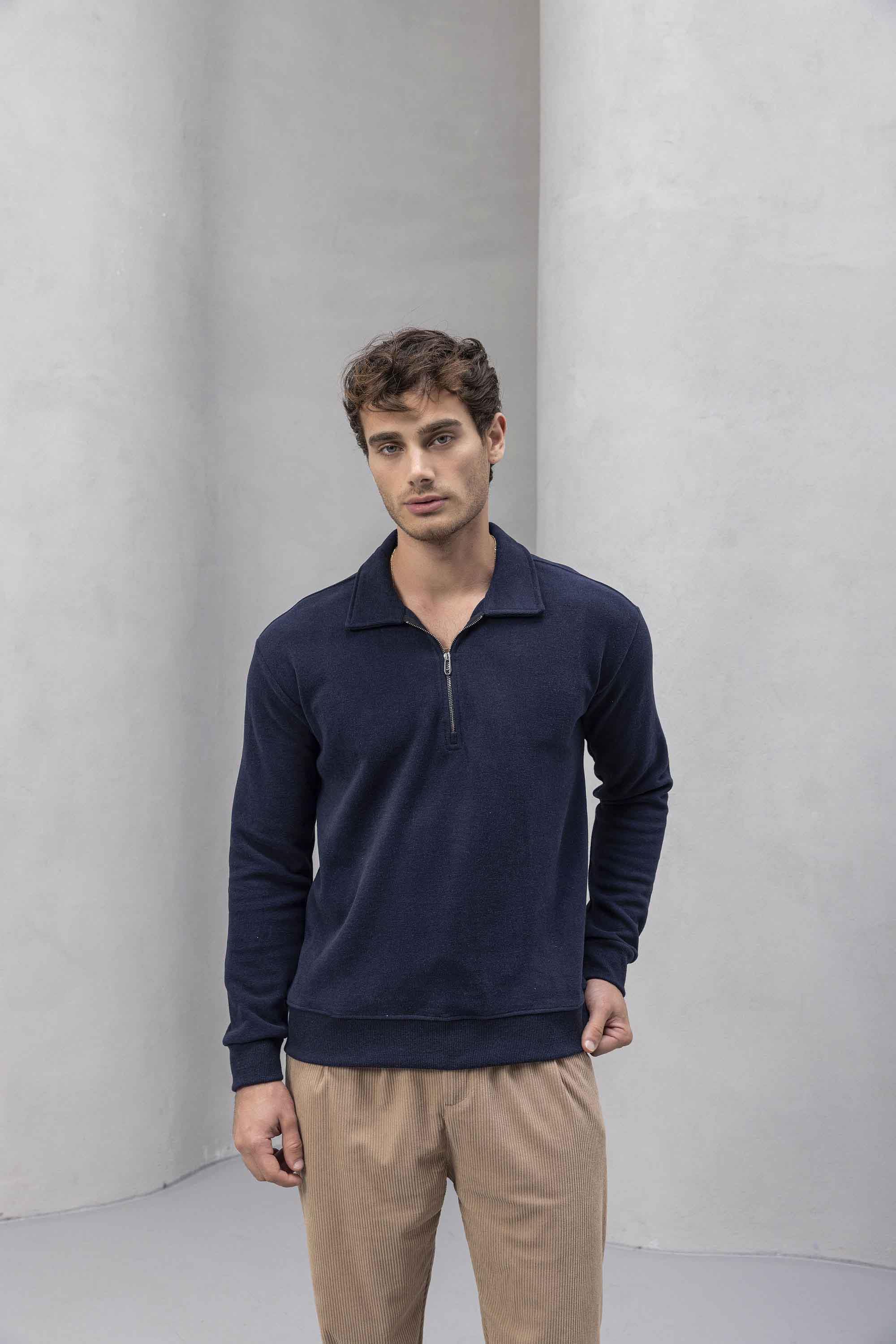 Eric Relax Fit Yarım Fermuarlı Polo Yaka Selanik Kumaş Erkek Sweatshirt - Lacivert · 2