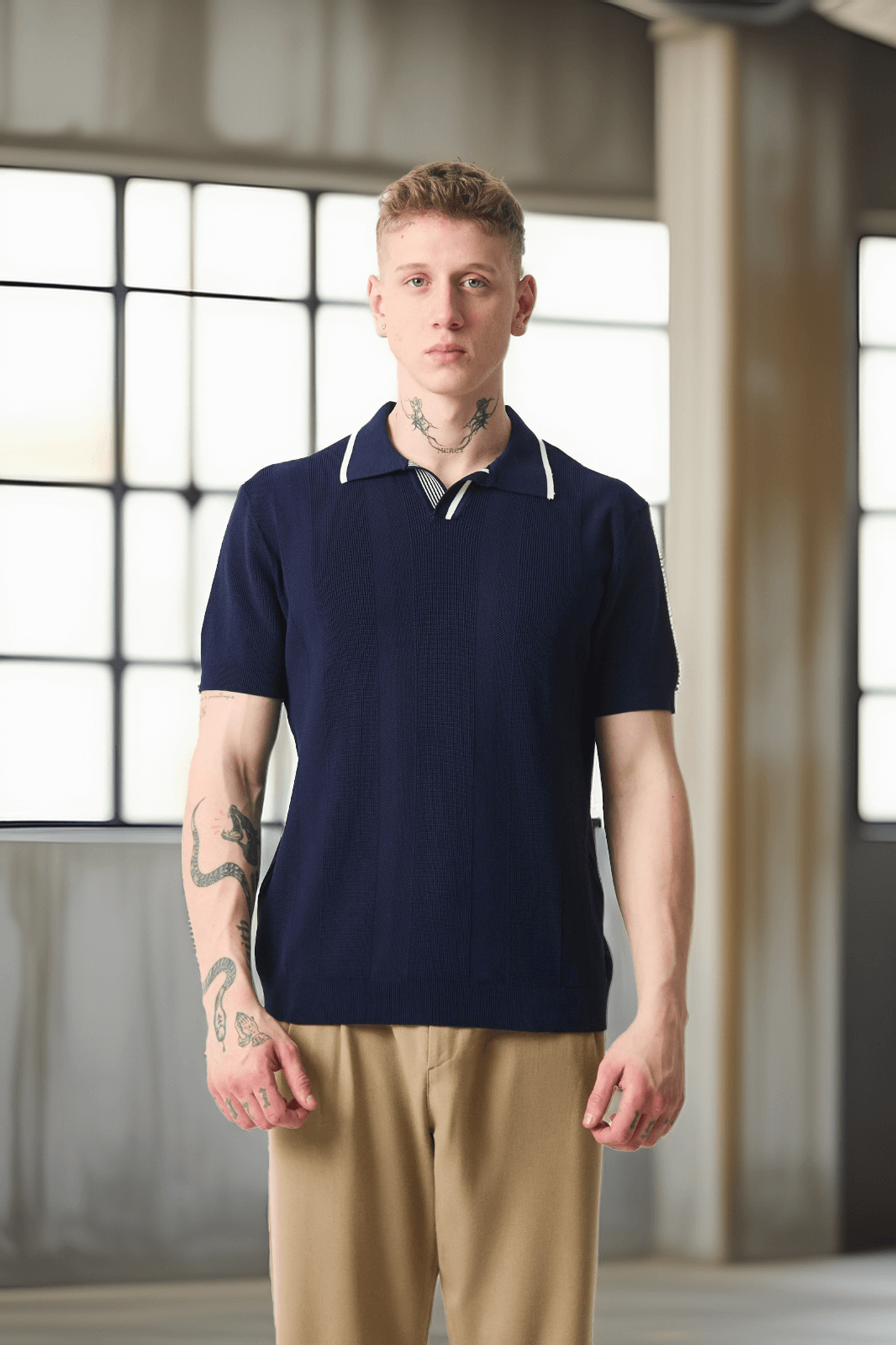 Yakası Şeritli Viskon Polo Yaka Triko Erkek T-Shirt - Lacivert · 2