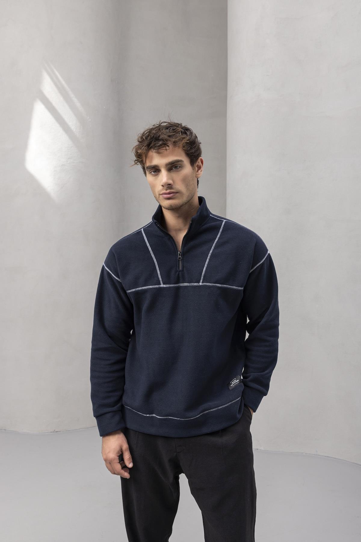 Crowe Çizgi Şeritli Oversize Yarım Fermuar Polar Erkek Sweatshirt - Lacivert · 2